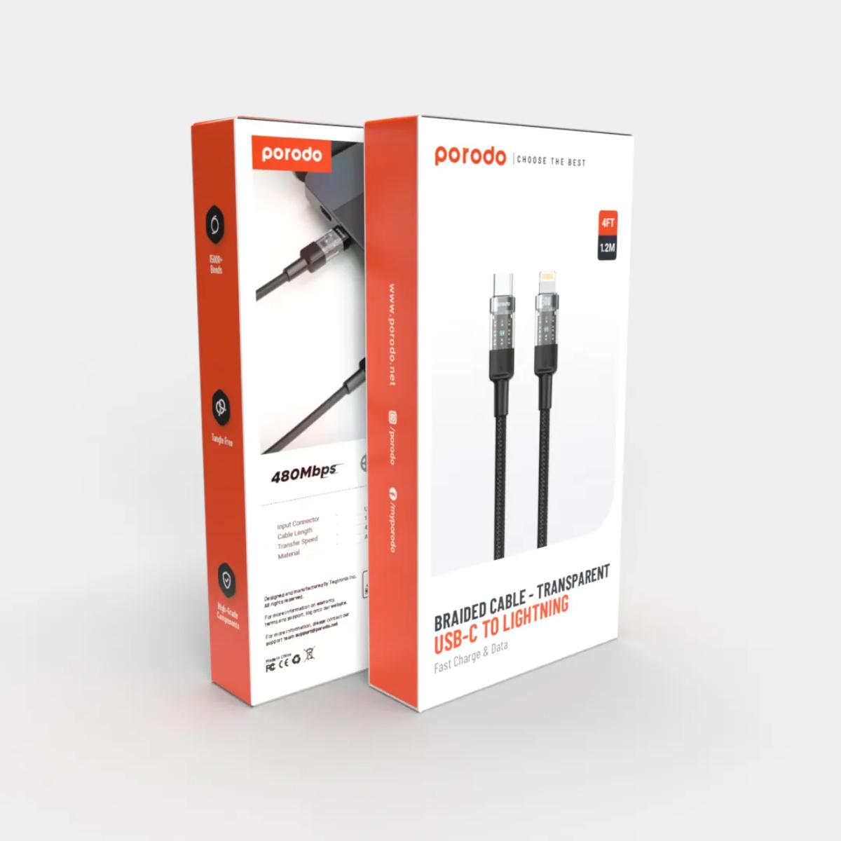Porodo Transparent 30W USB-C to Lightning Braided Cable