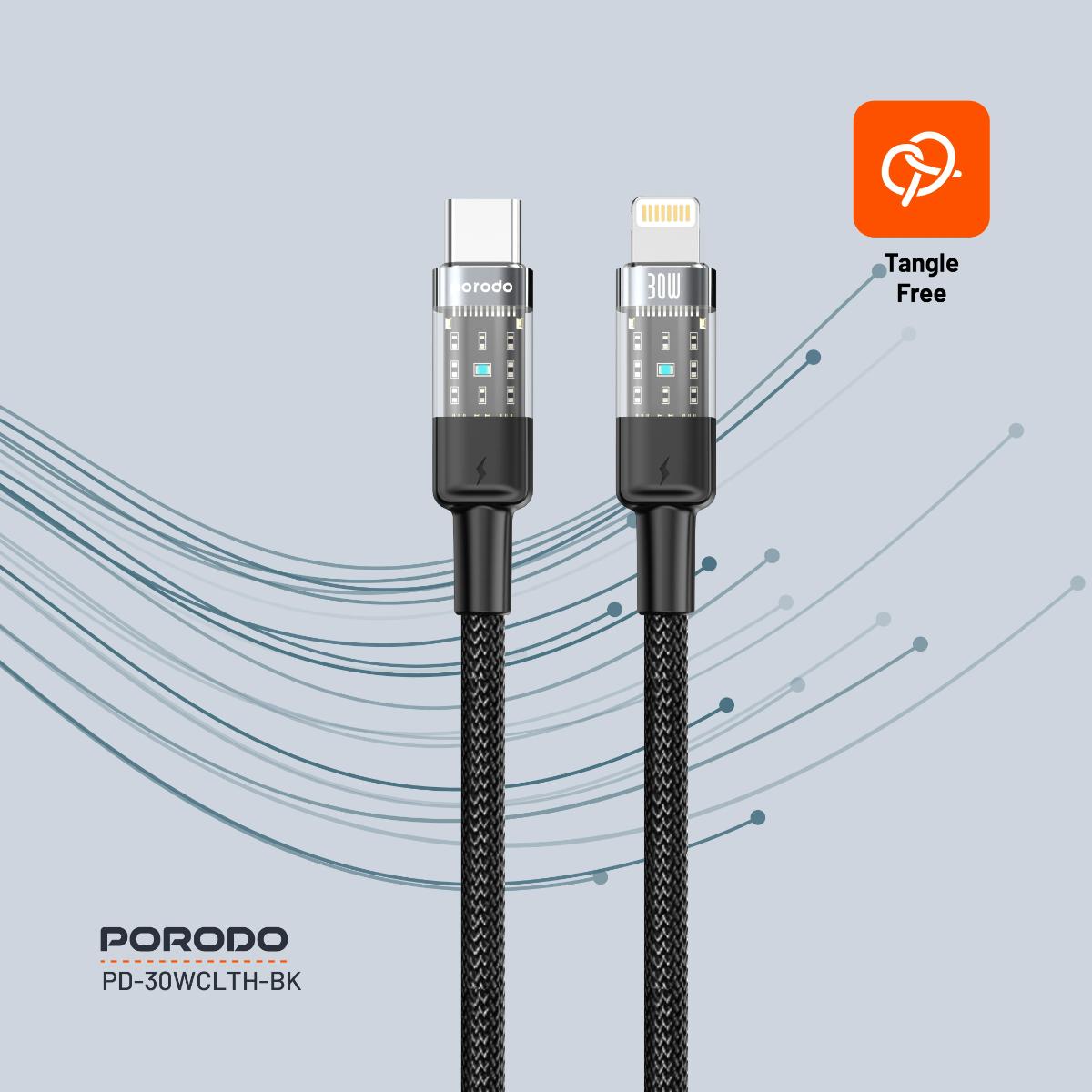 Porodo Transparent 30W USB-C to Lightning Braided Cable