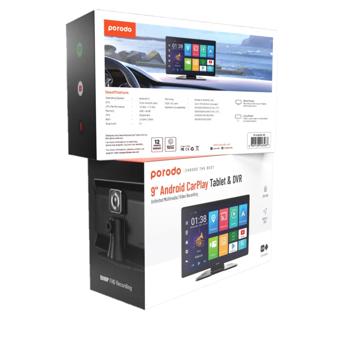 Porodo 9" Android CarPlay Dash Tablet & DVR