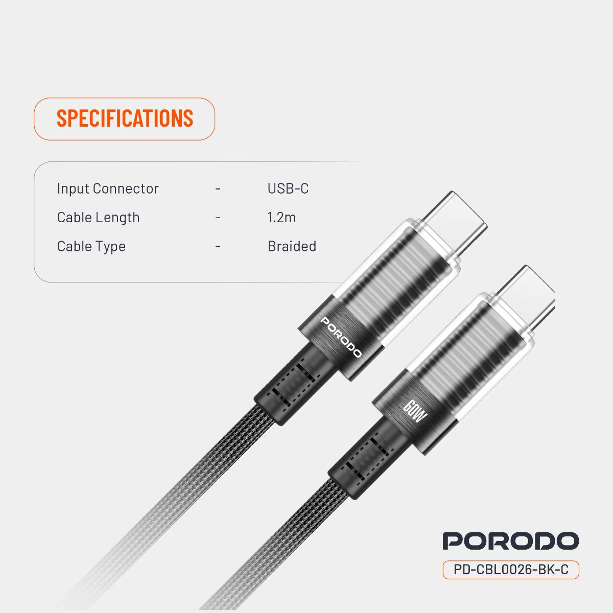 Porodo Transparent Shell USB-C To USB-C Cable