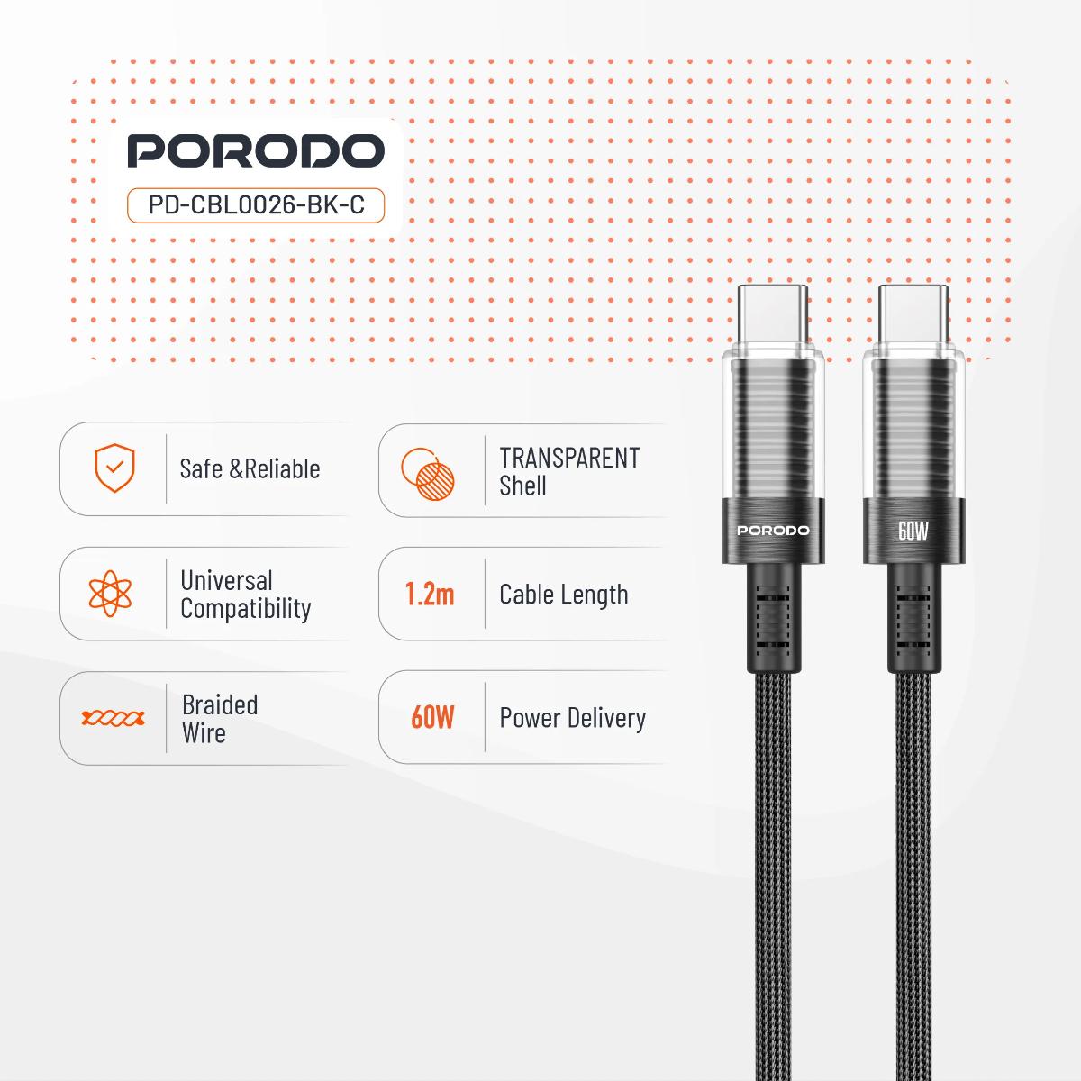 Porodo Transparent Shell USB-C To USB-C Cable