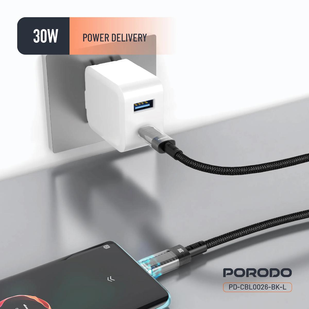 Porodo Transparent Shell USB-C To Lightning Cable