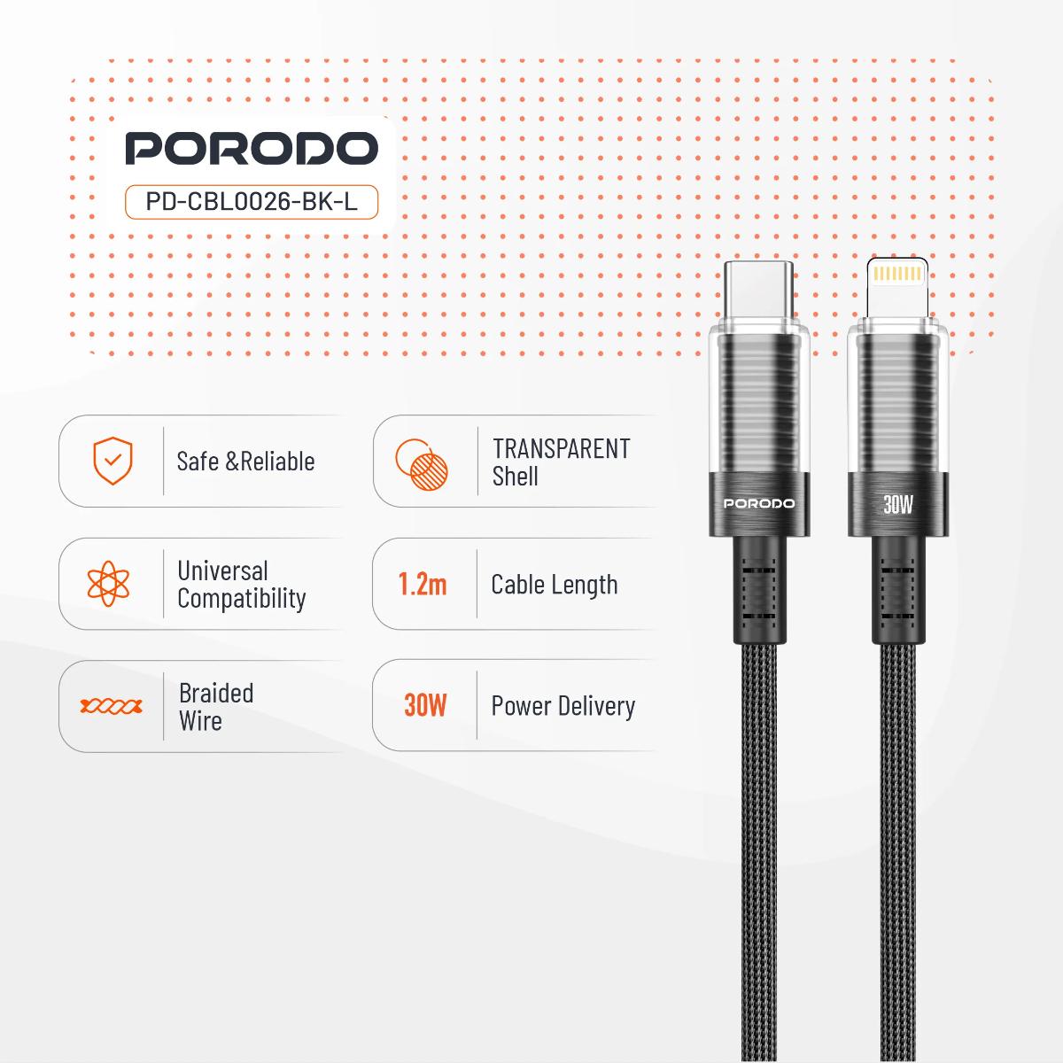 Porodo Transparent Shell USB-C To Lightning Cable