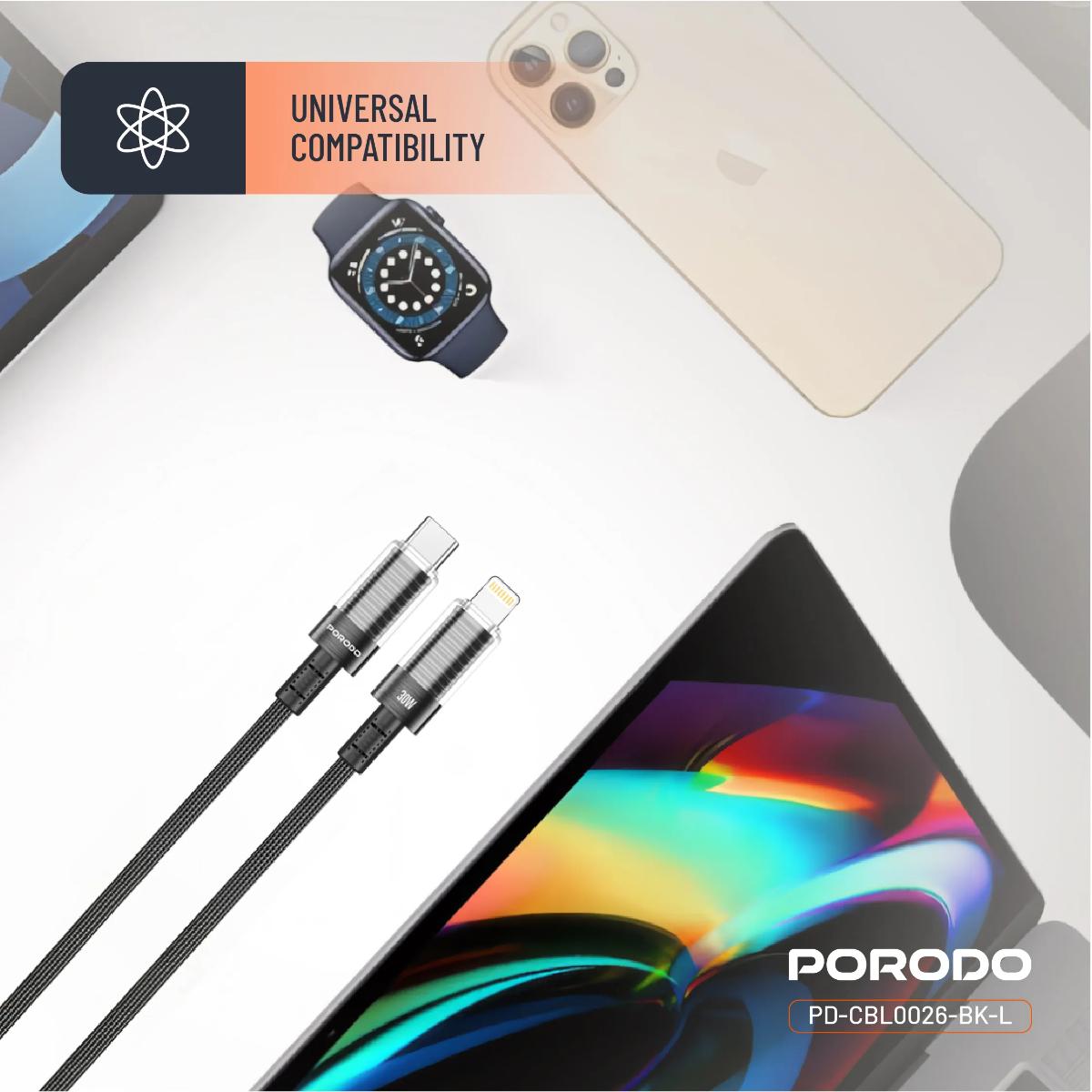 Porodo Transparent Shell USB-C To Lightning Cable