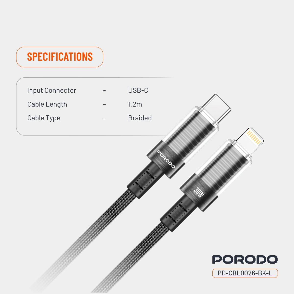 Porodo Transparent Shell USB-C To Lightning Cable