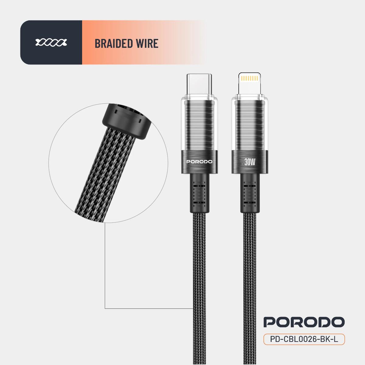 Porodo Transparent Shell USB-C To Lightning Cable