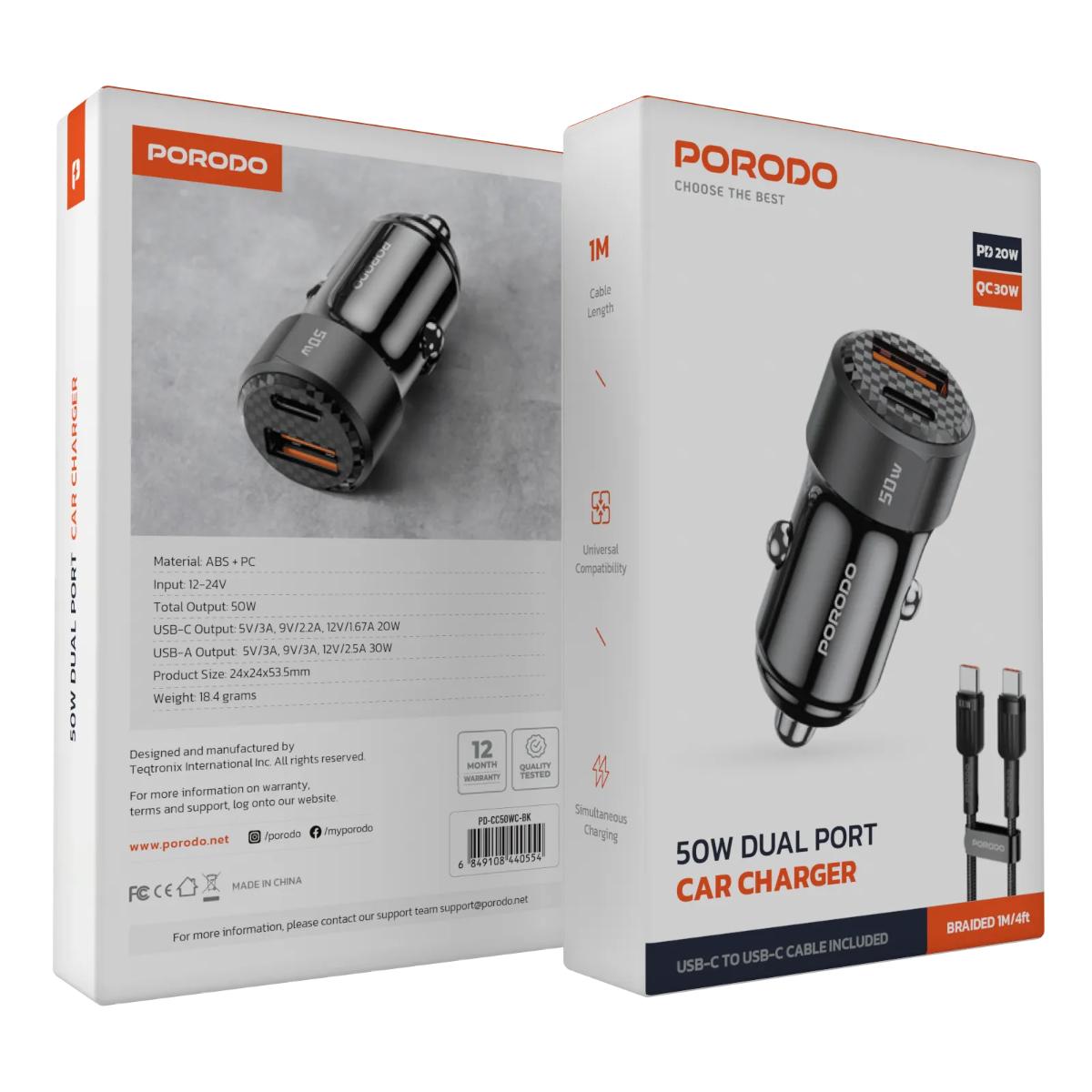 Porodo 50W Dual Port Fast Car Charger + Braided Cable