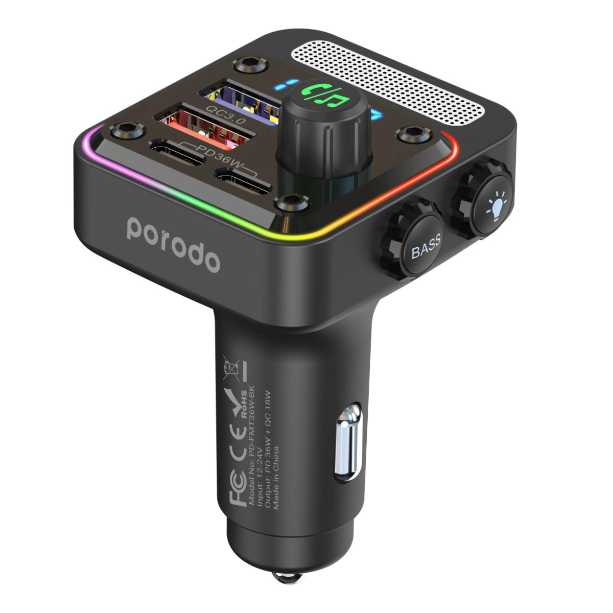 Porodo Quick-Charge FM Car Charger Dual USB-C & USB-A