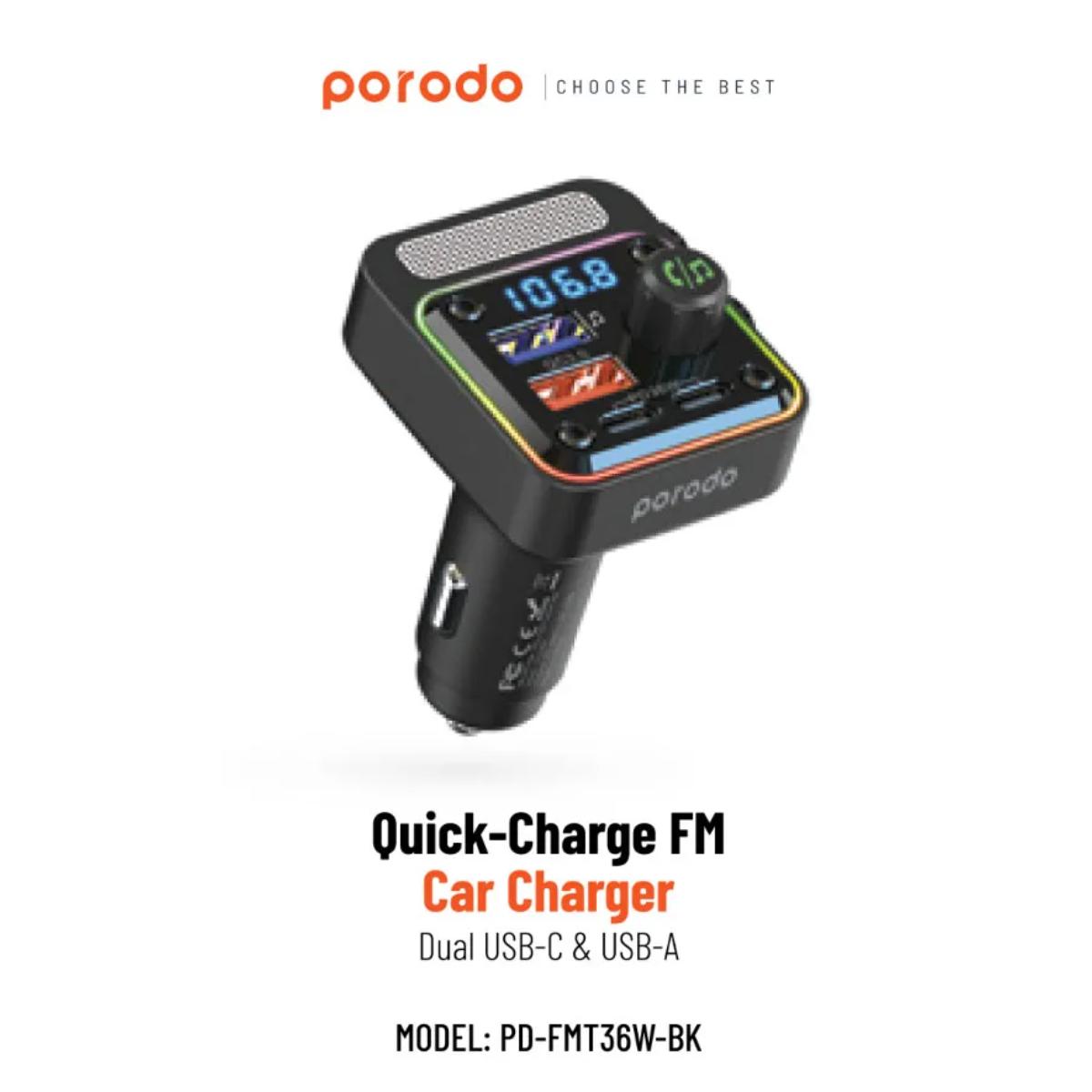 Porodo Quick-Charge FM Car Charger Dual USB-C & USB-A