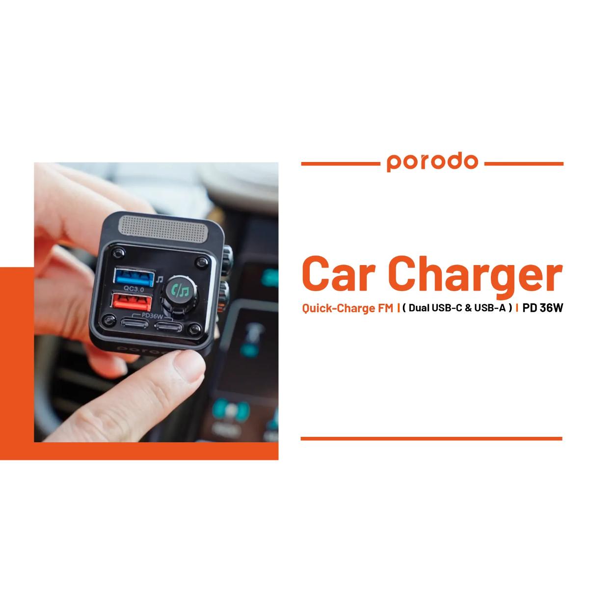 Porodo Quick-Charge FM Car Charger Dual USB-C & USB-A