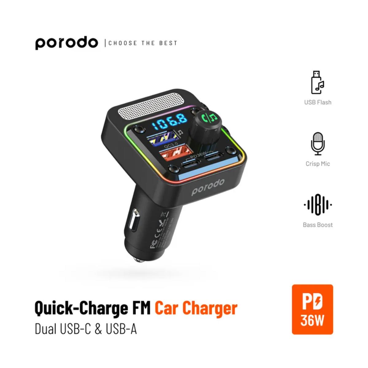 Porodo Quick-Charge FM Car Charger Dual USB-C & USB-A