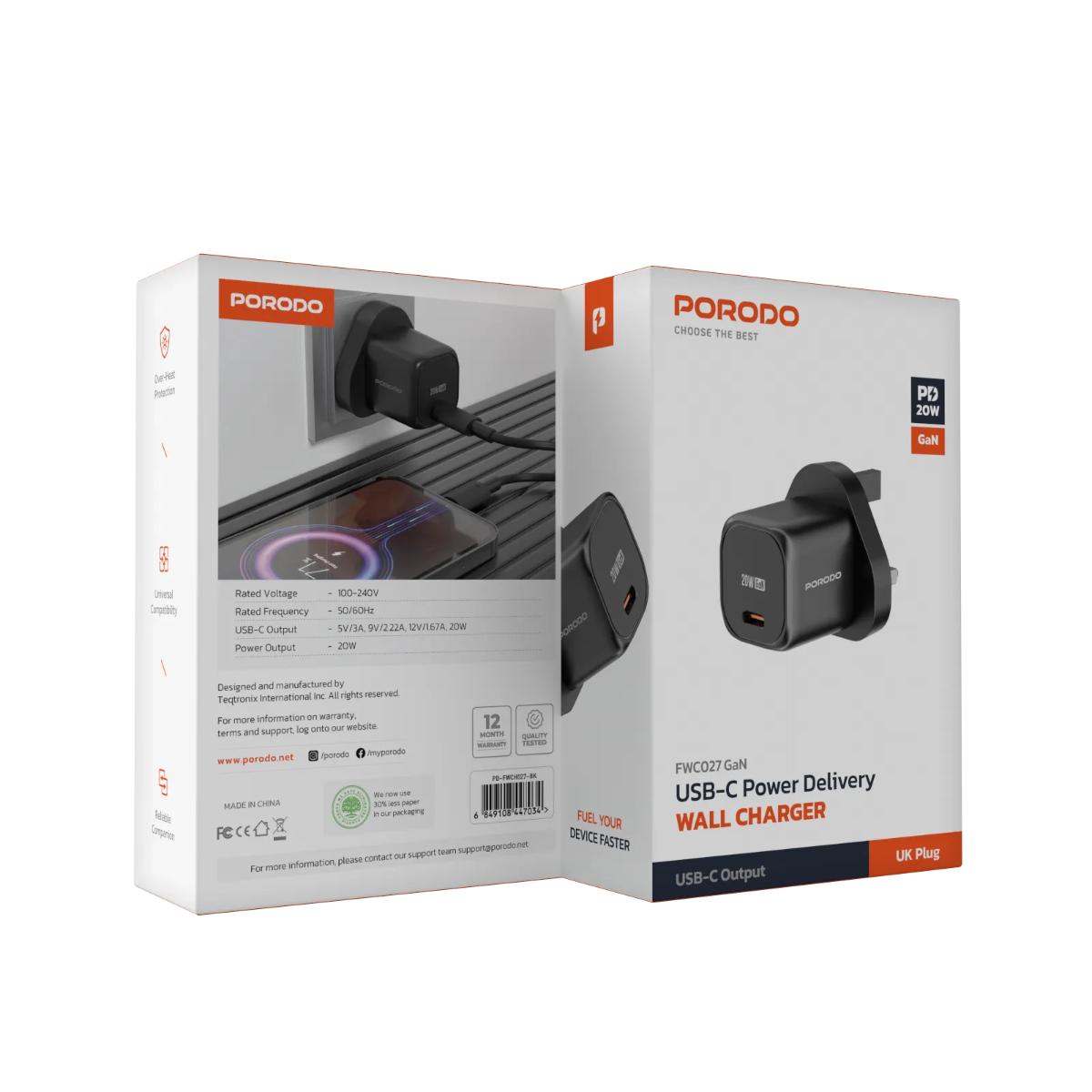 Porodo USB-C Power Delivery GaN Wall Charger UK