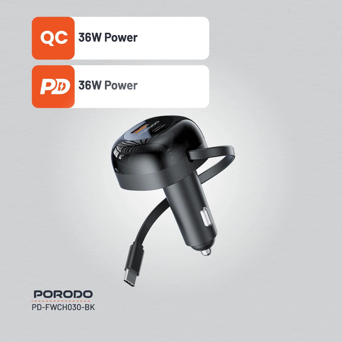 Porodo Dual Port Car Charger Type-C Cable
