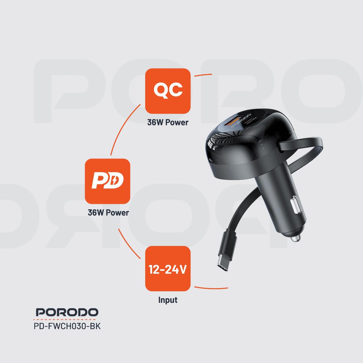 Porodo Dual Port Car Charger Type-C Cable