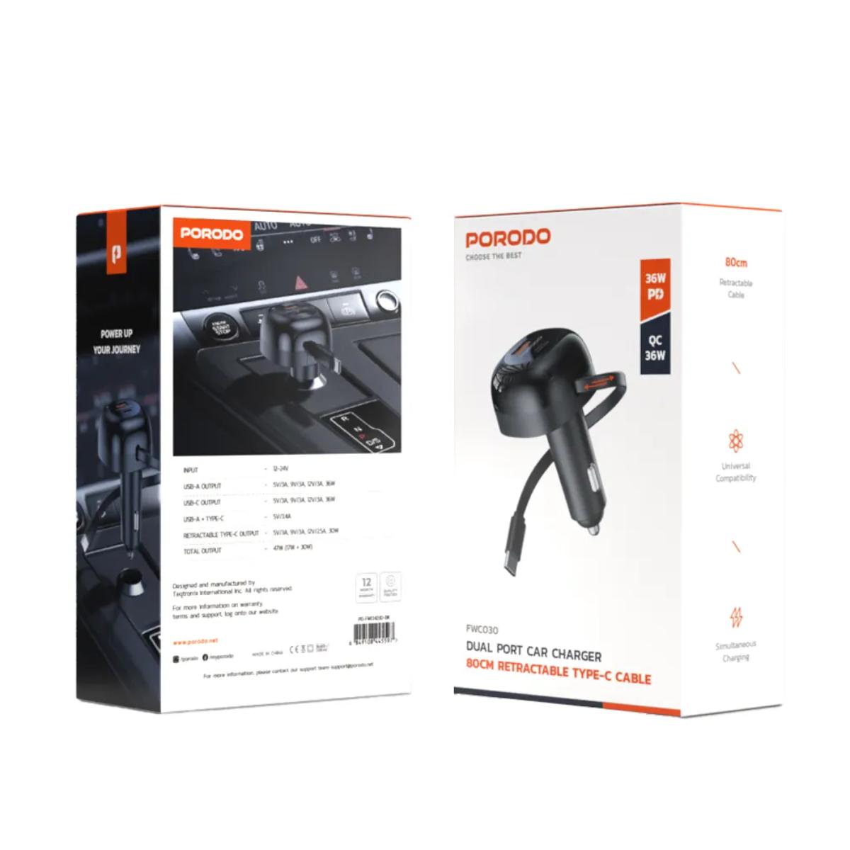 Porodo Dual Port Car Charger Type-C Cable