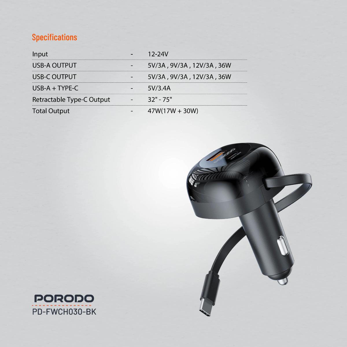 Porodo Dual Port Car Charger Type-C Cable