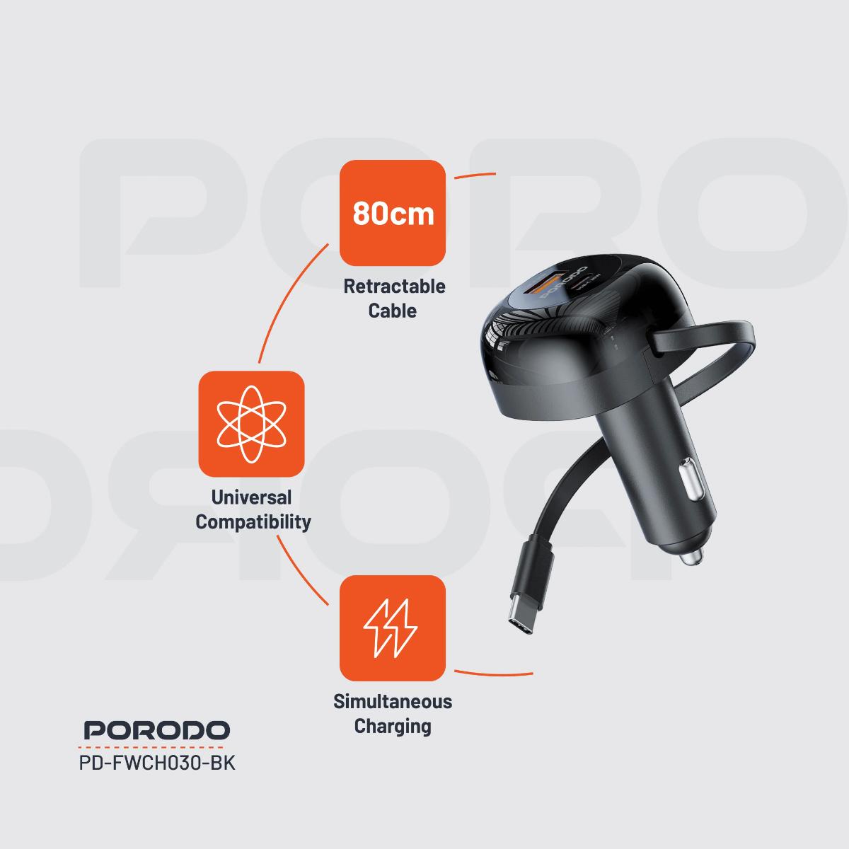 Porodo Dual Port Car Charger Type-C Cable