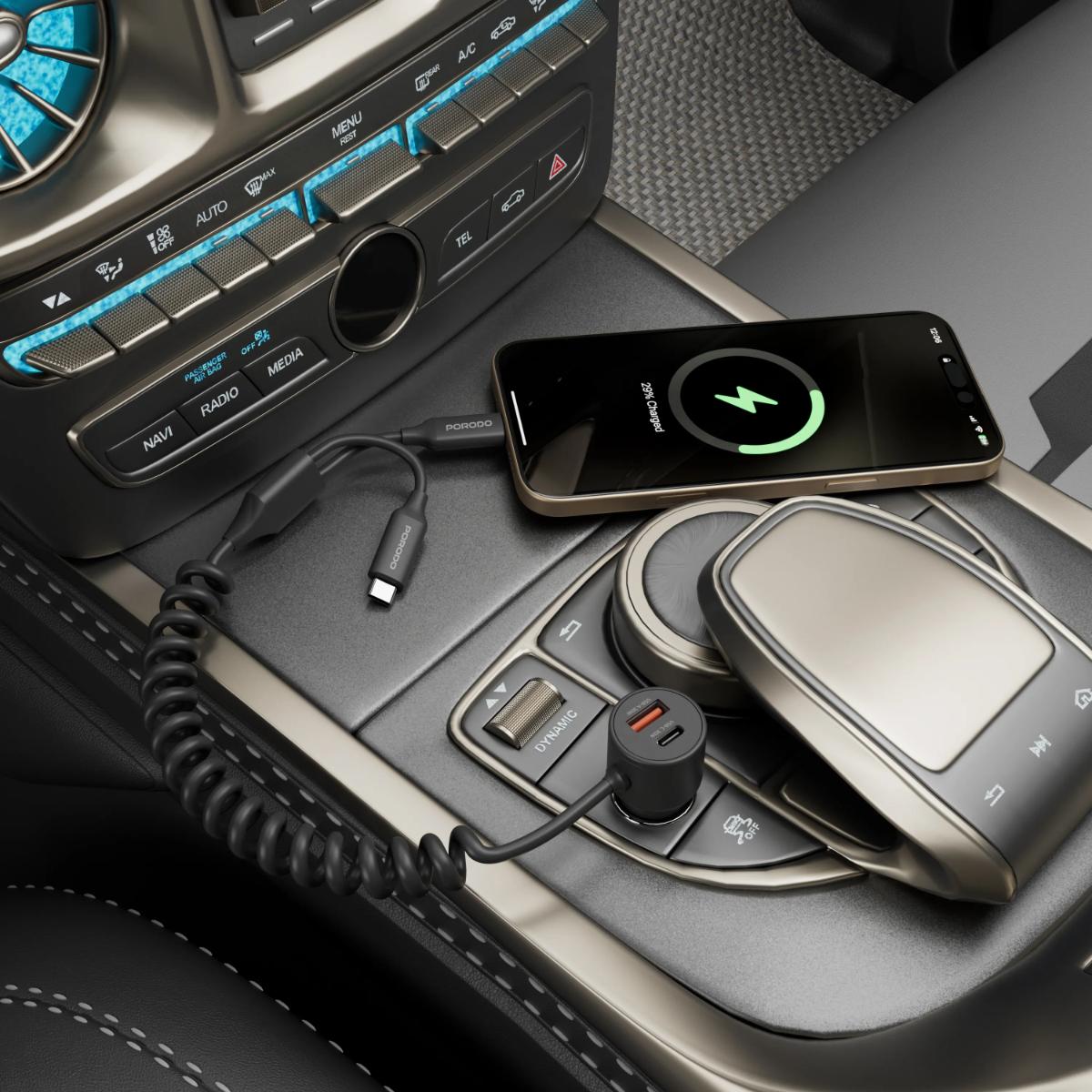 Porodo Dual Port Car Charger Integrated C+C Cables