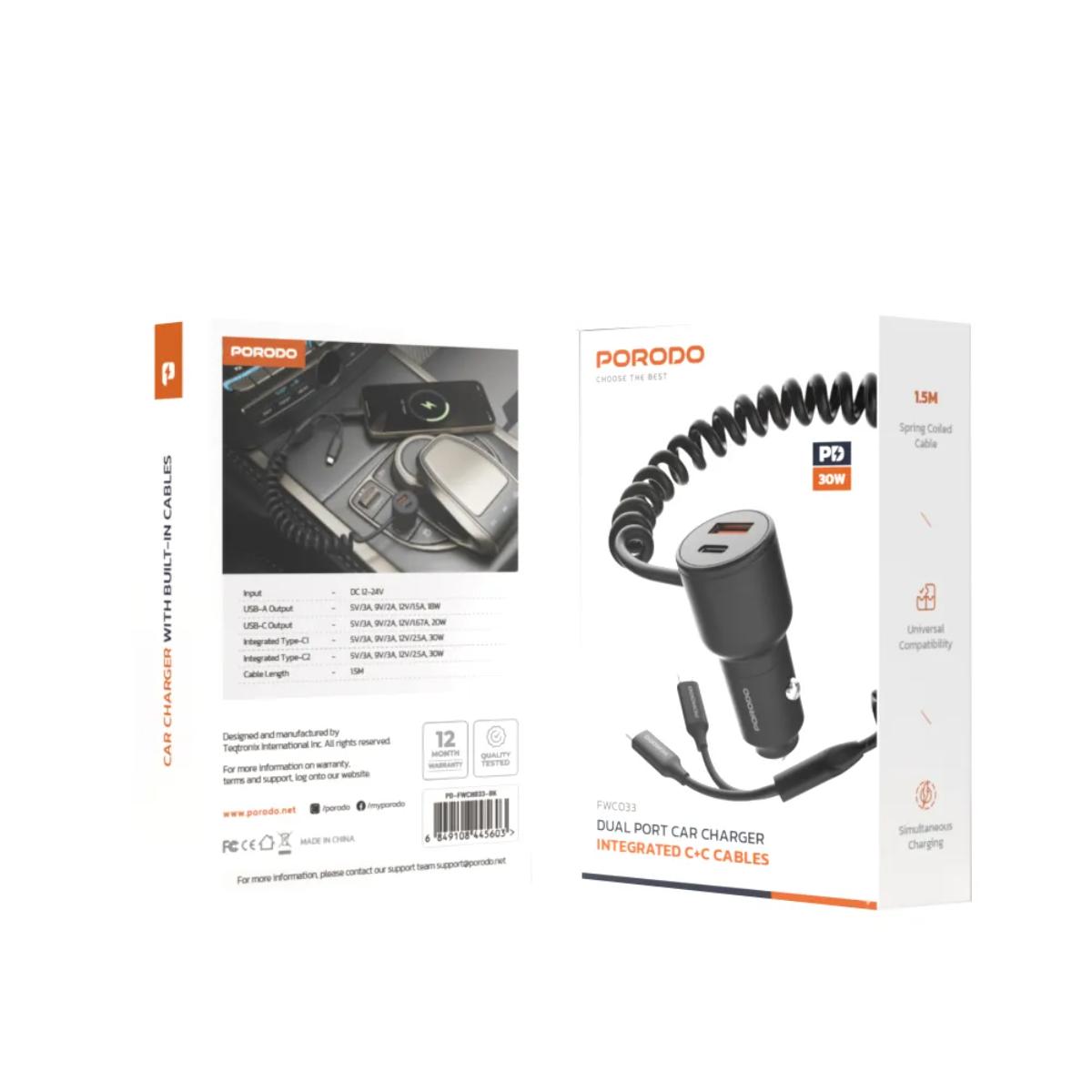 Porodo Dual Port Car Charger Integrated C+C Cables