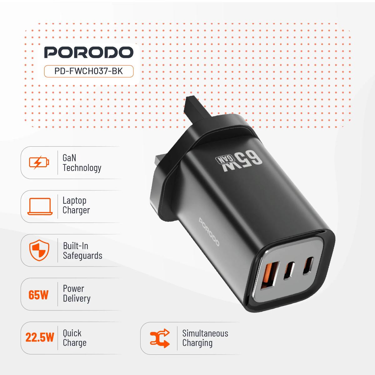 Porodo 65W Triple Output Quick Wall Charger
