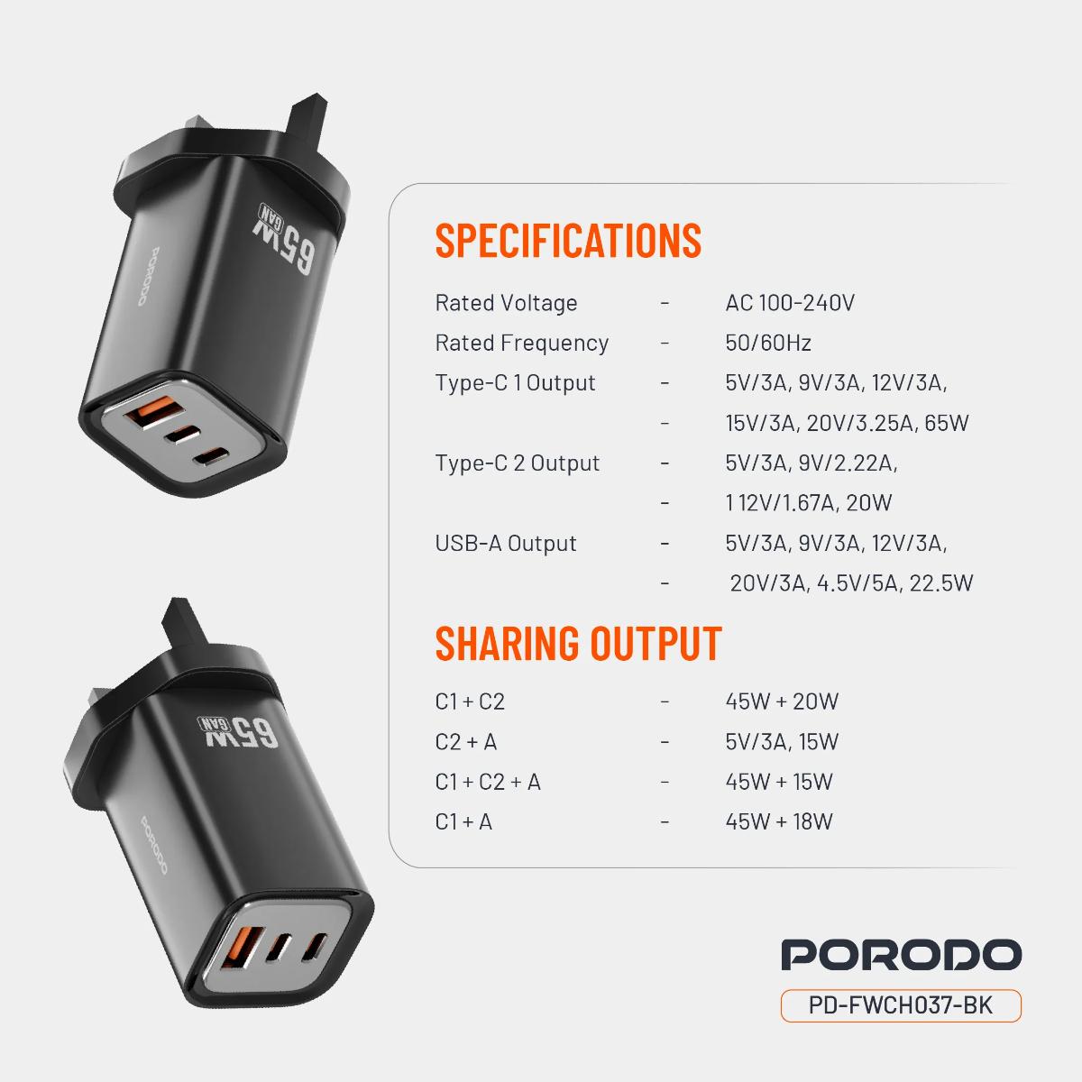 Porodo 65W Triple Output Quick Wall Charger