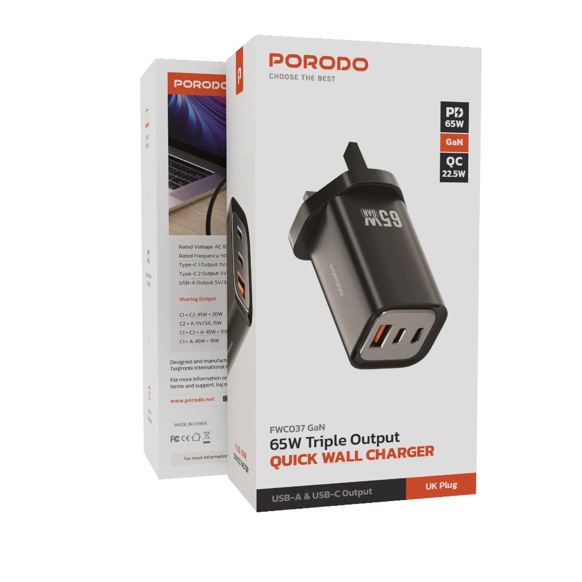Porodo 65W Triple Output Quick Wall Charger