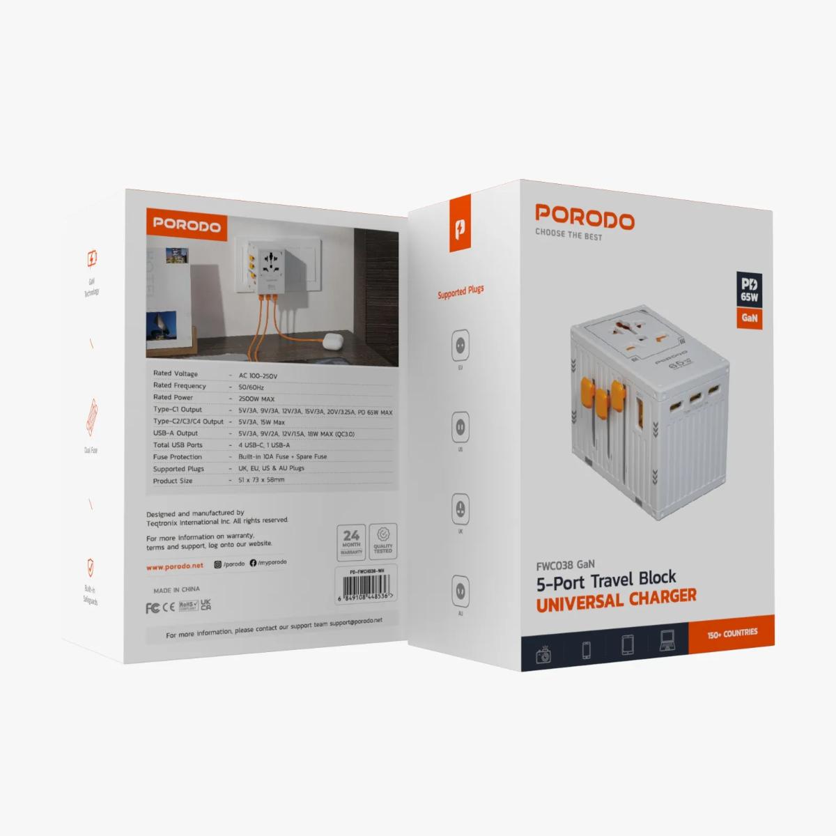 Porodo GaN 5-Port Travel Block Universal Charger