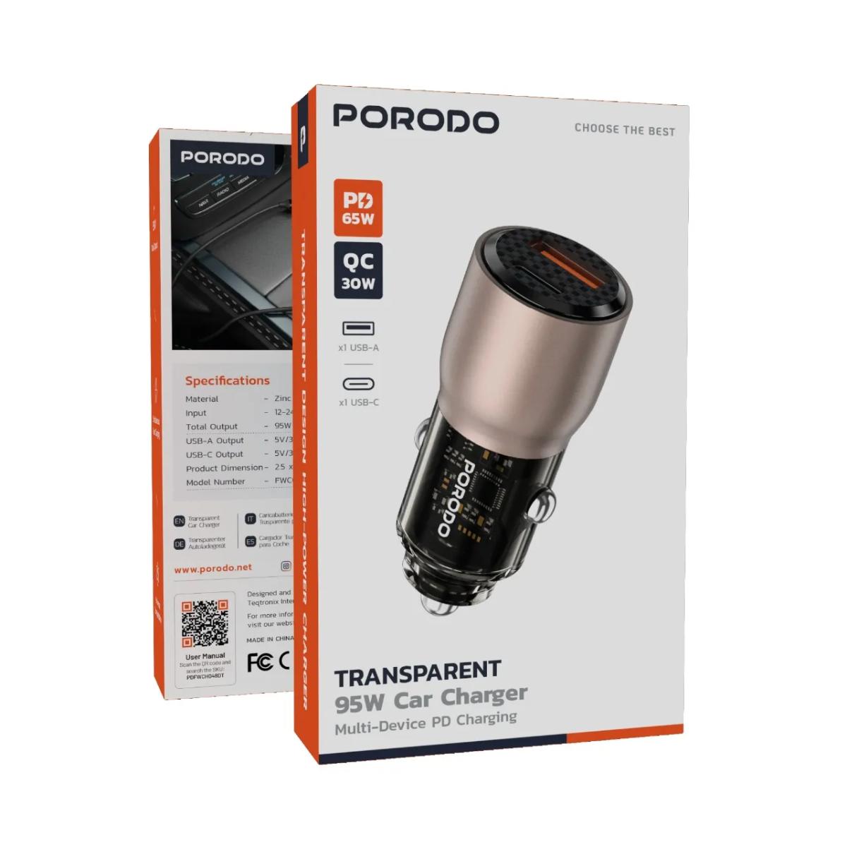 Porodo 95W Car Charger Transparent  Multi-Device PD Charging
