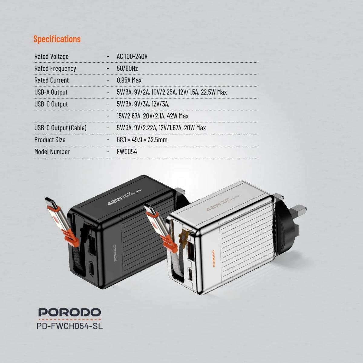 Porodo 42W Retractable GaN Charger