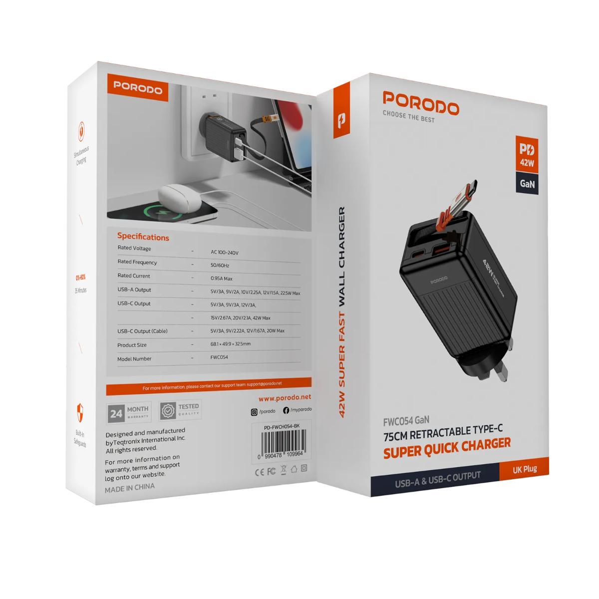 Porodo 42W Retractable GaN Charger