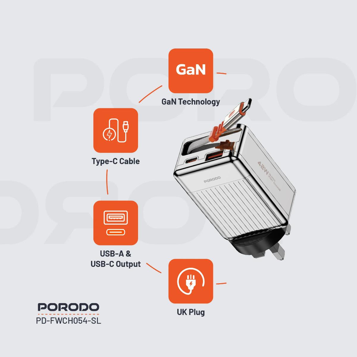 Porodo 42W Retractable GaN Charger