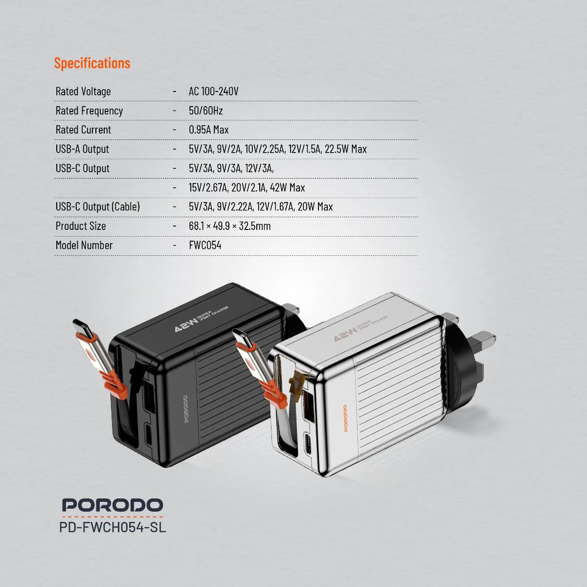 Porodo 42W Retractable GaN Charger