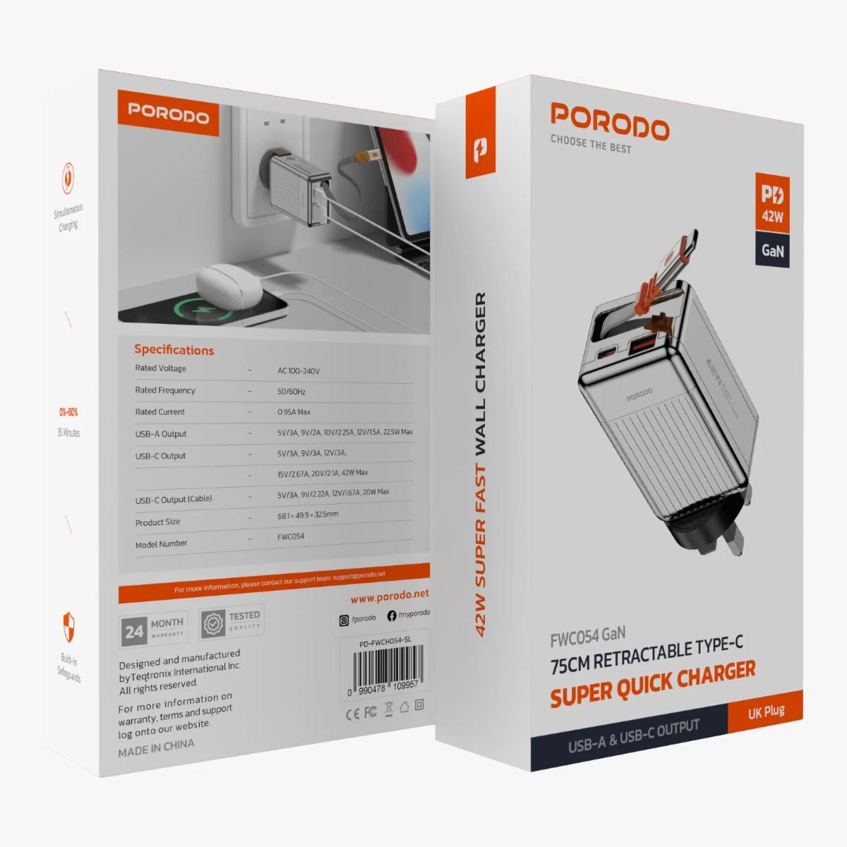 Porodo 42W Retractable GaN Charger