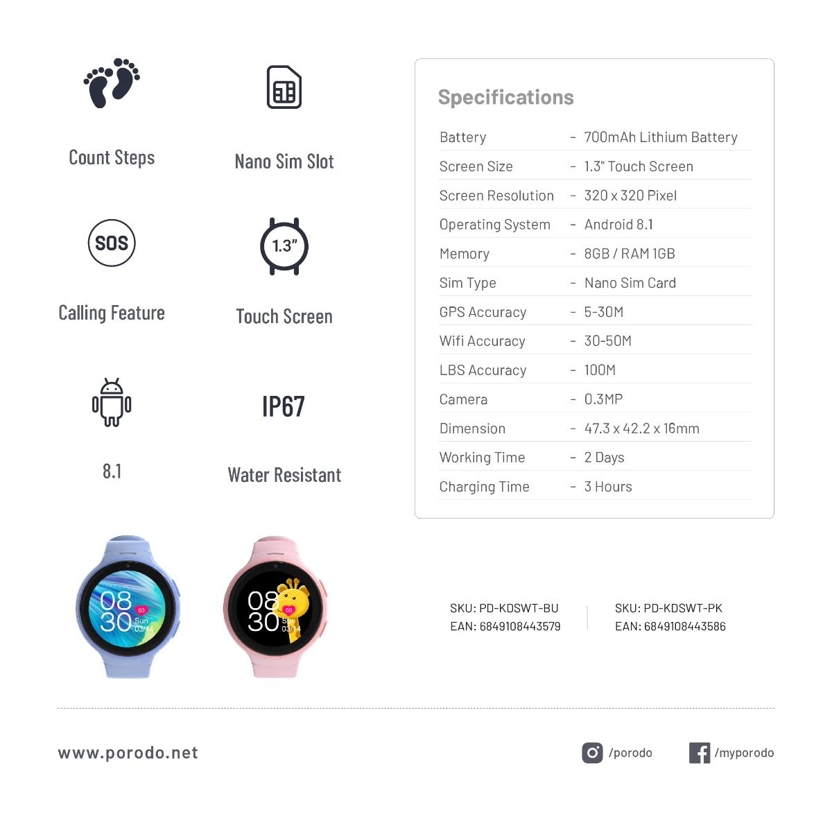 Porodo Kids 4G Smart Watch Android OS