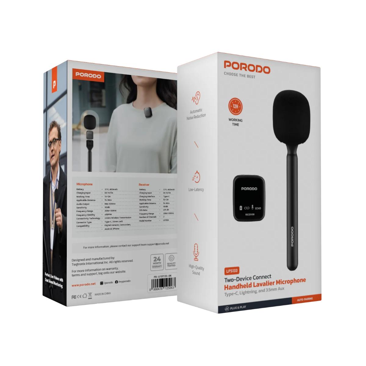 Porodo Two-Device Connect Handheld Lavalier Microphone