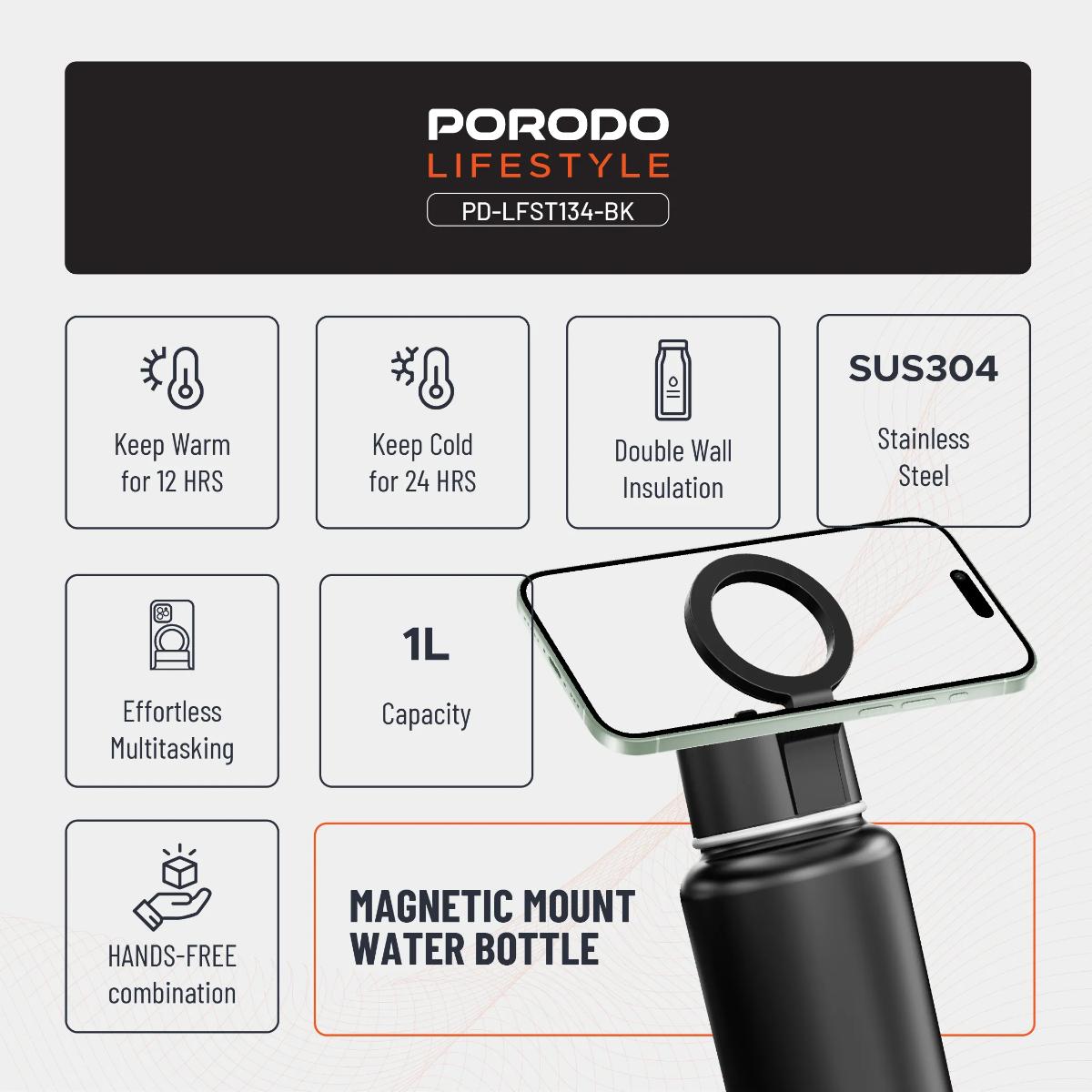 Porodo Lifestyle Magnetic Mount Water Bottle