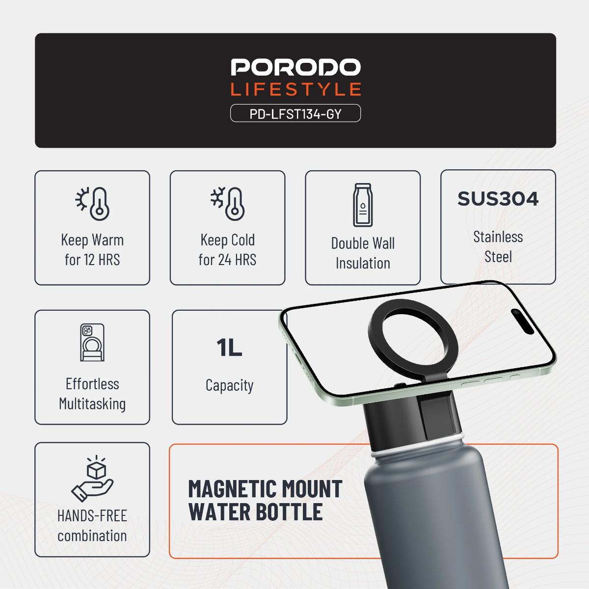 Porodo Lifestyle Magnetic Mount Water Bottle