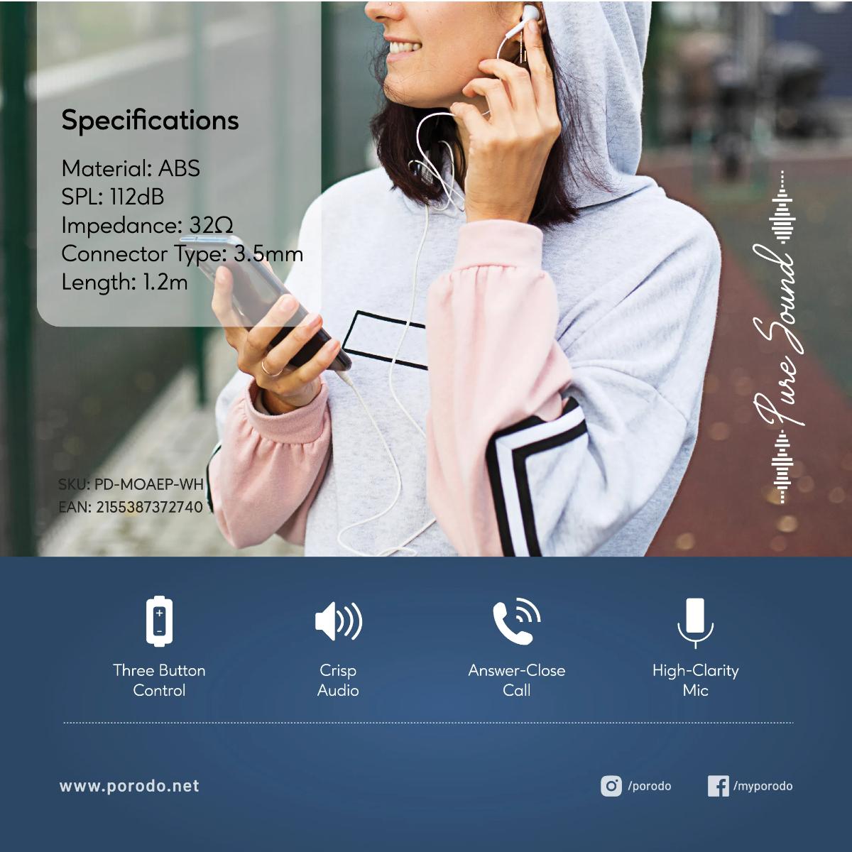 Porodo  Hands-Free Mono Earphone (3.5mm)