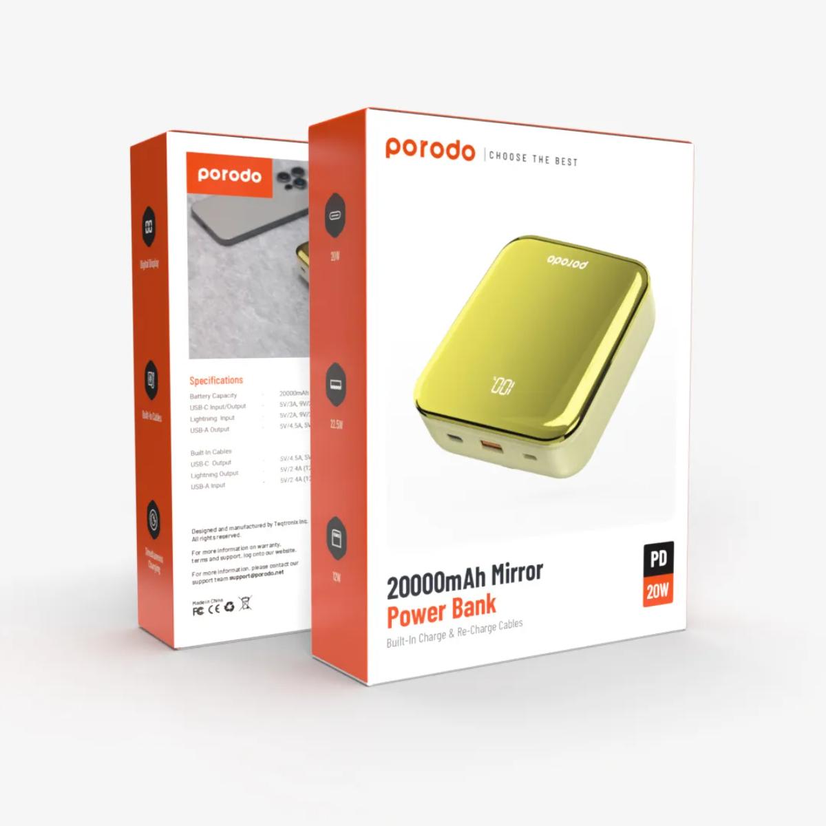 Porodo 20000mAh Mirror Power Bank with Built-In Cables