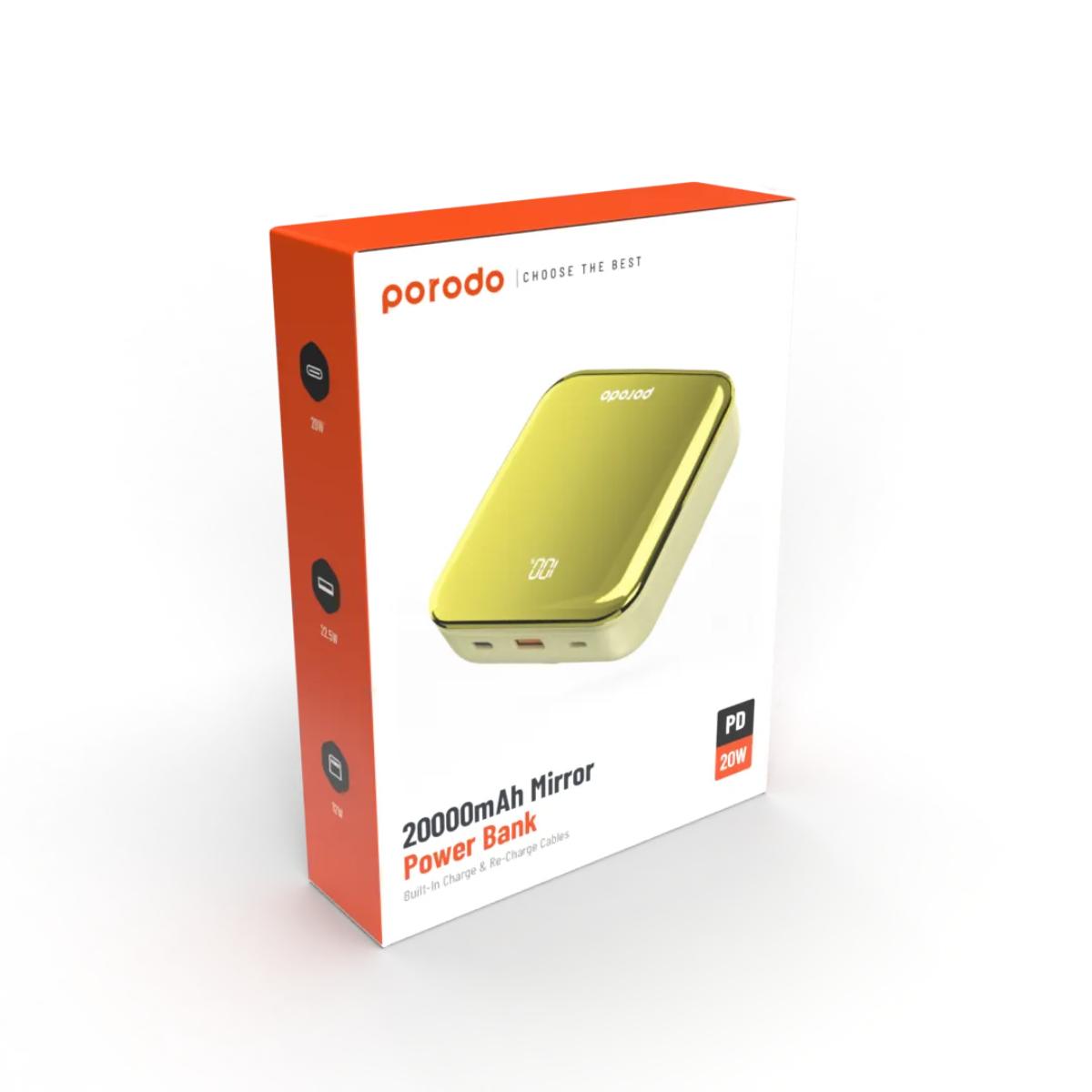 Porodo 20000mAh Mirror Power Bank with Built-In Cables