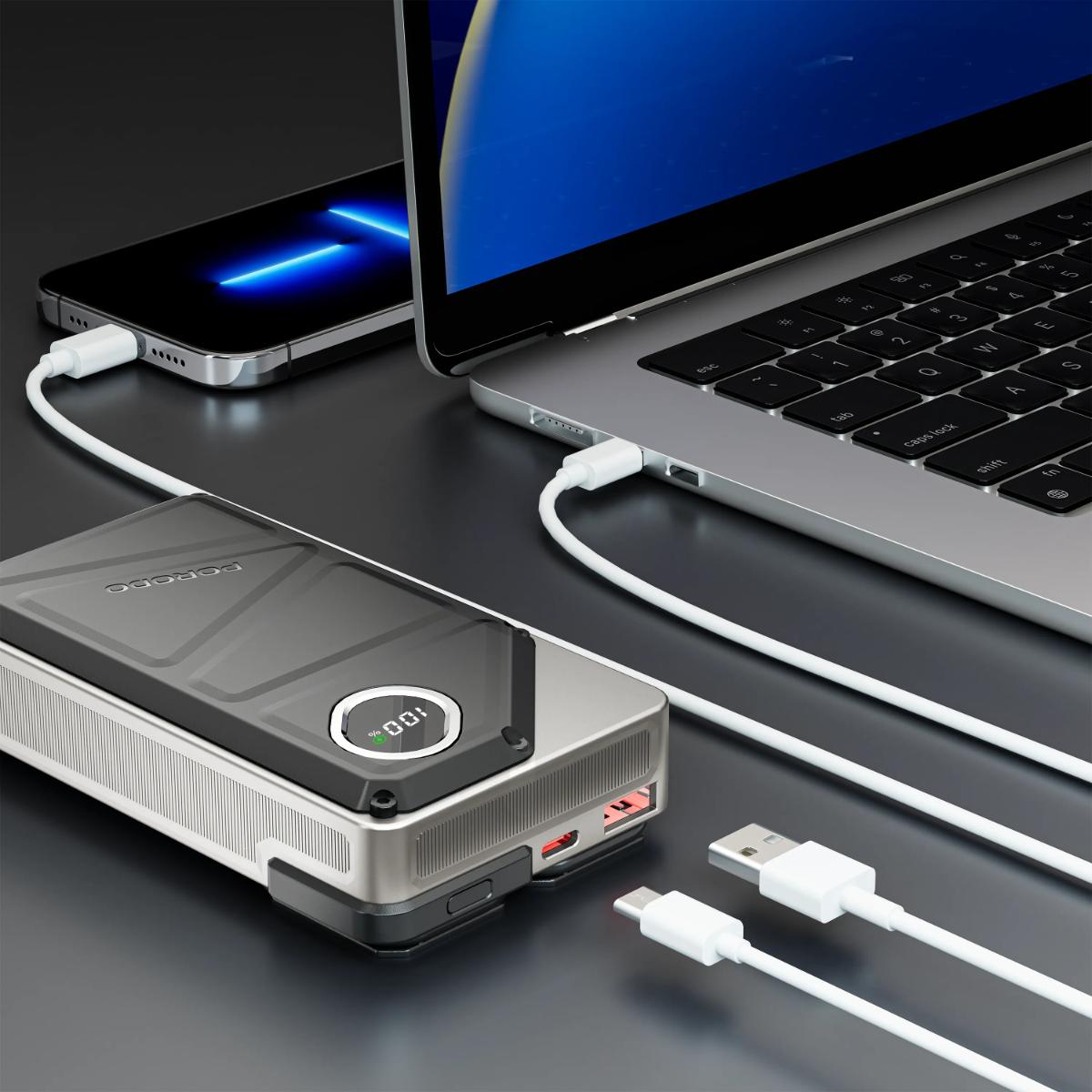 Porodo 20,000mAh Power Bank with Built-In USB-C & Lightning Cables