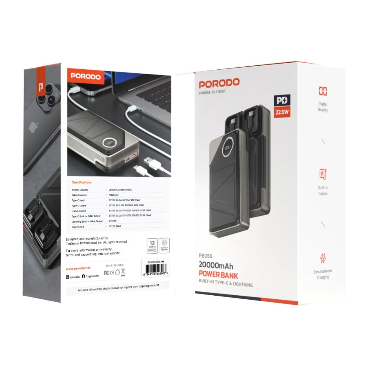 Porodo 20,000mAh Power Bank with Built-In USB-C & Lightning Cables