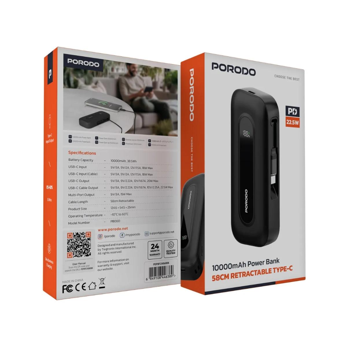 Porodo 10000mAh Power bank 58CM Retractable Type-C