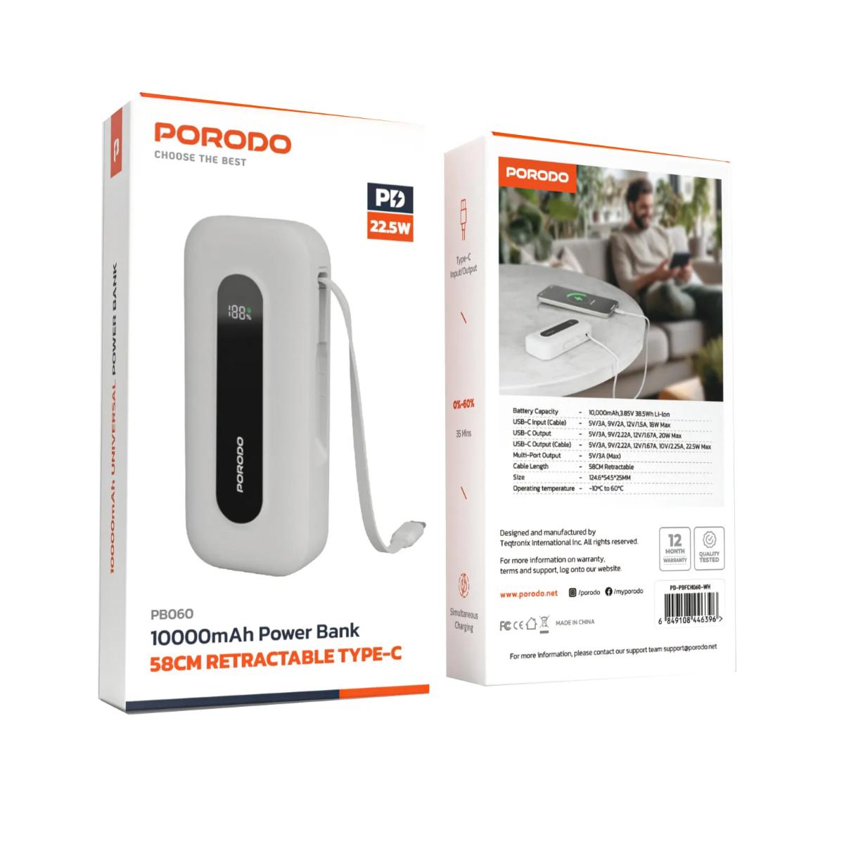 Porodo 22.5W 10000mAh Retractable Type-C Power Bank
