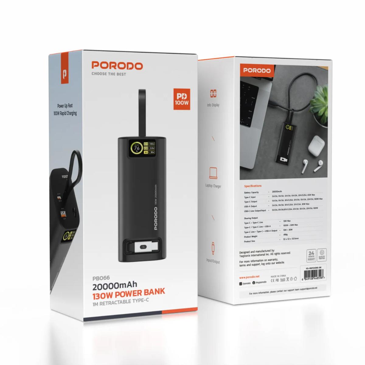 Porodo 130W 20000mAh Power Bank with Retractable USB-C Cable