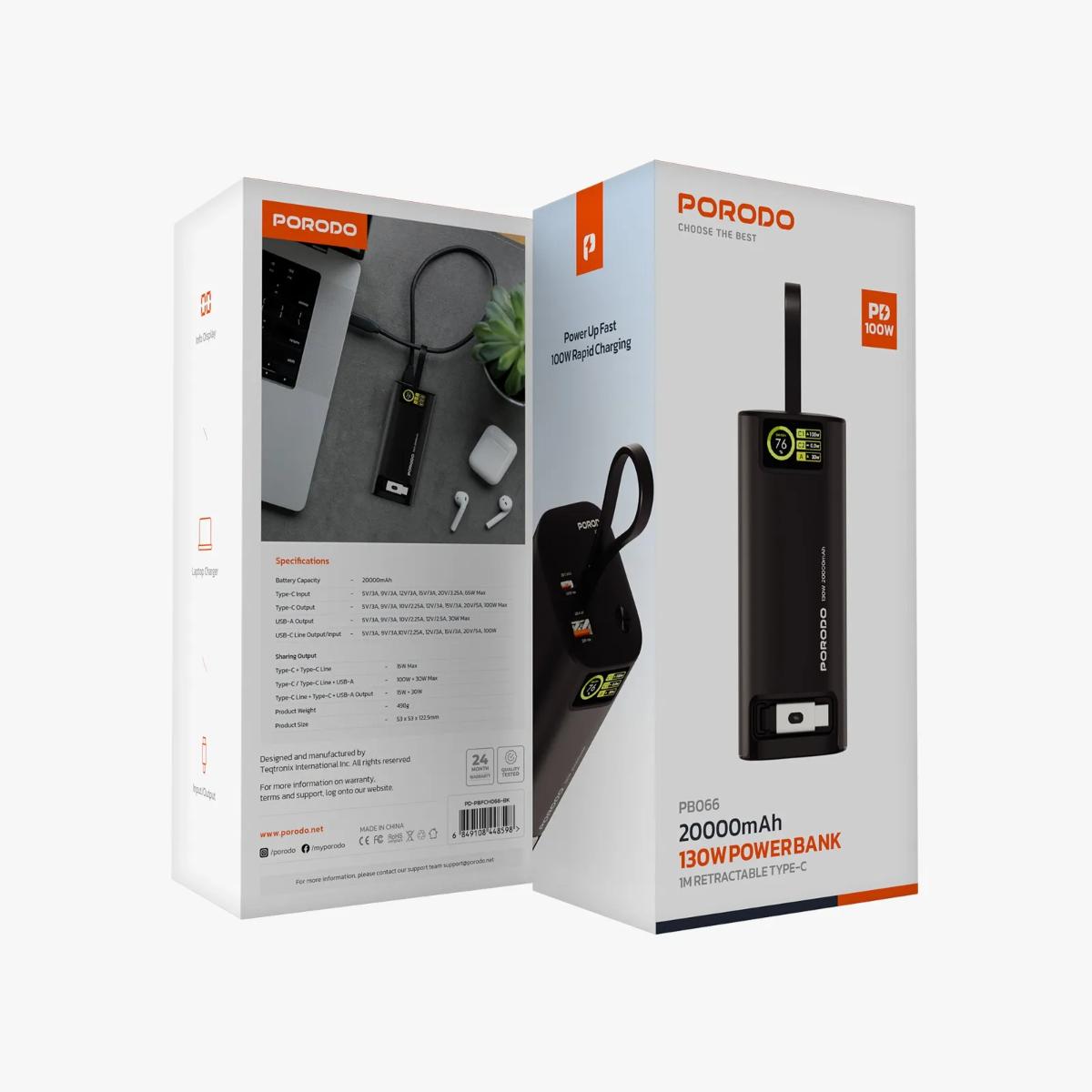 Porodo 130W 20000mAh Power Bank with Retractable USB-C Cable