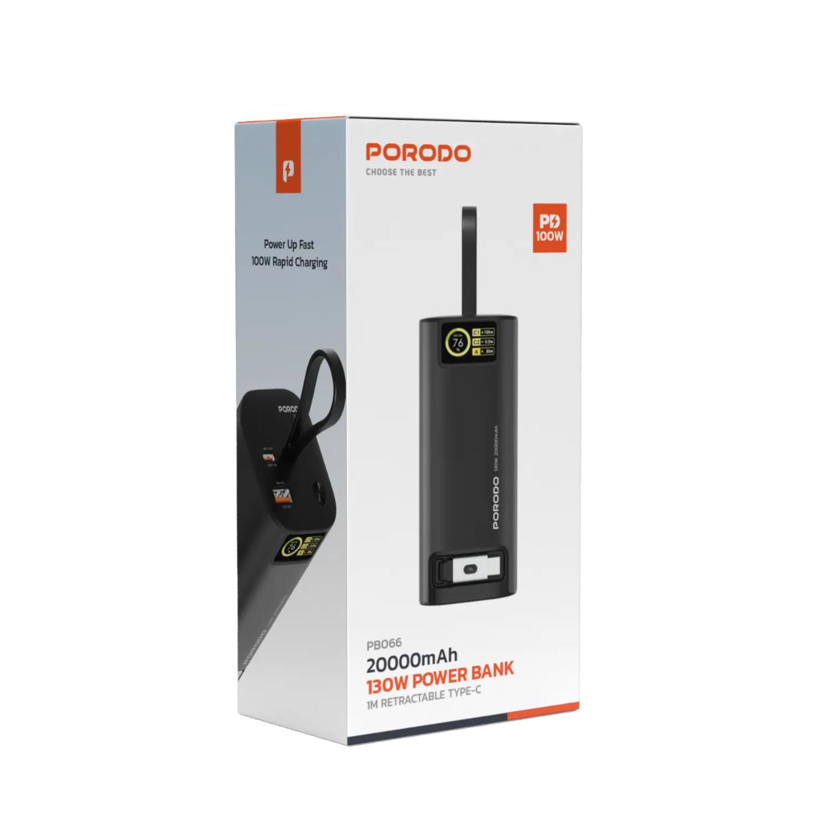 Porodo 130W 20000mAh Power Bank with Retractable USB-C Cable