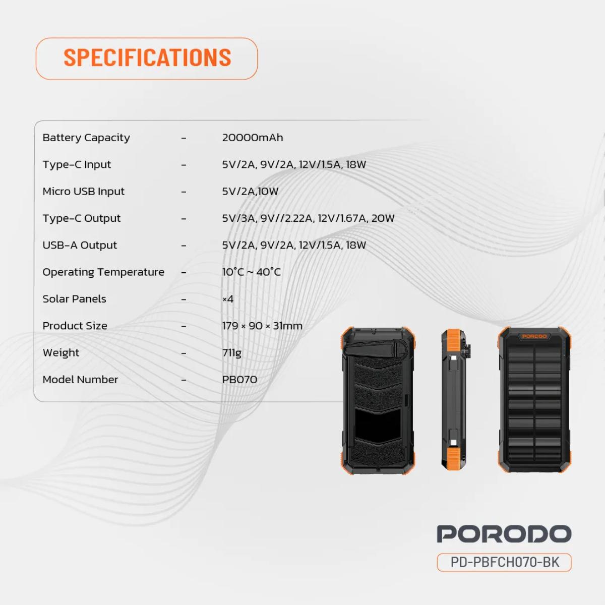 Porodo Power Bank PB070 20000mAh 4-Panel Solar