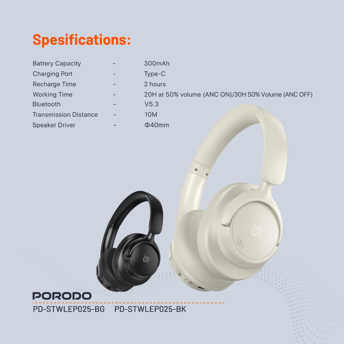 Porodo  Zen Active Noise-Cancellation Wireless Headphones