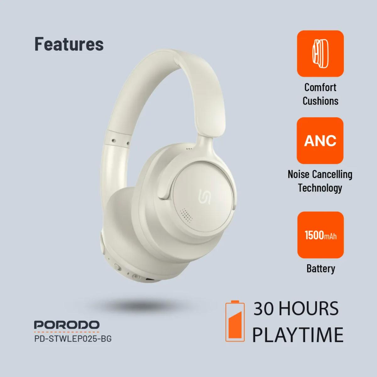 Porodo  Zen Active Noise-Cancellation Wireless Headphones